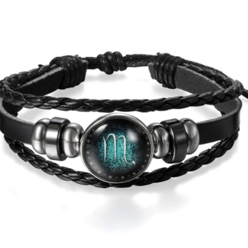 Leather Braided Unisex Zodiac Silver Plated Adjustable Bracelet